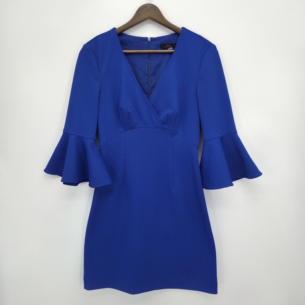 Trina Turk Surplice Bell Sleeve Sheath Dress Blue Diamond Jacquard Size 2